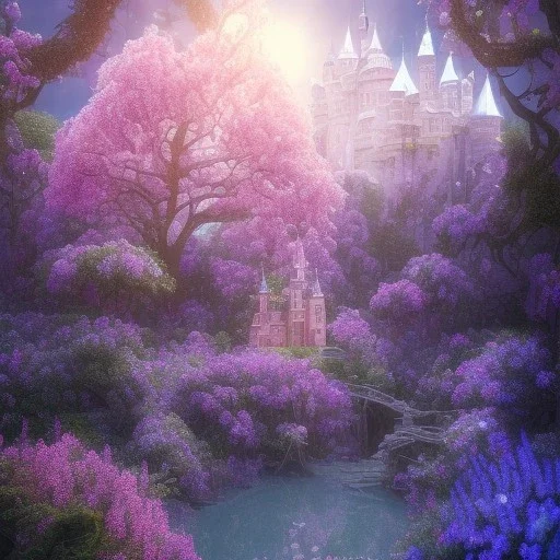 a magical crystal flower lys bougainvillier,snow, blue gold house castle in the woods, magnolias pink,blue lake,sun,white swanns,pink vertical, blue lake,sharp, vines, candlelit, endor, ornate, elegant, highly detailed, artstation, concept art, smooth, sharp focus, illustration, 8k, splash art, wallpaper, key visual