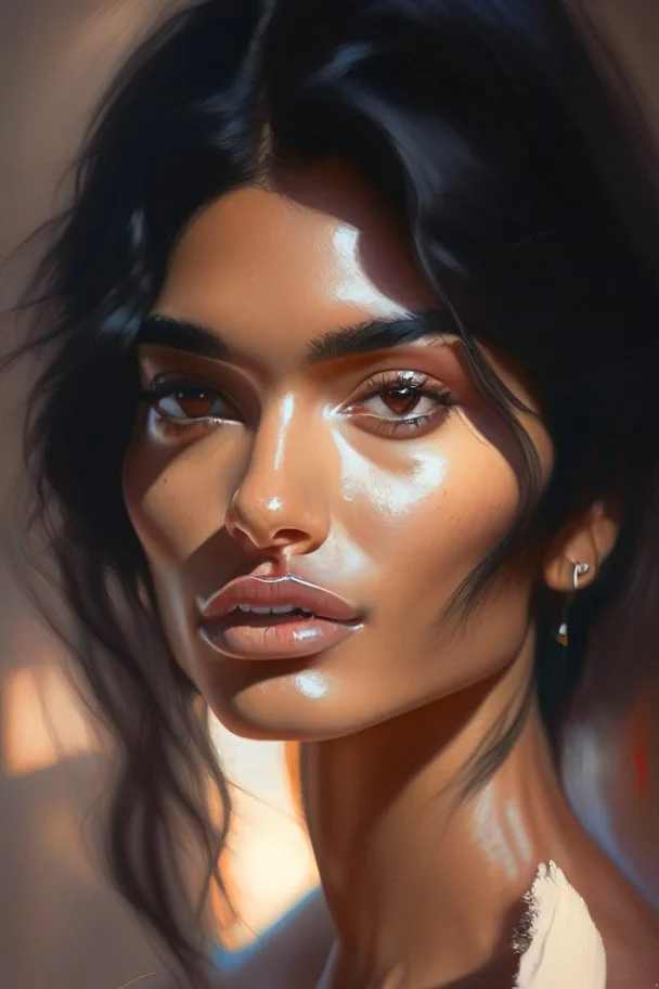 portrait Indian super model cute-fine-face, black hair, pretty face, realistic shaded Perfect face, fine details. realistic shaded lighting by Ilya Kuvshinov Giuseppe Dangelico Pino and Michael Garmash and Rob Rey, IAMAG premiere, WLOP matte print, cute freckles, masterpiece