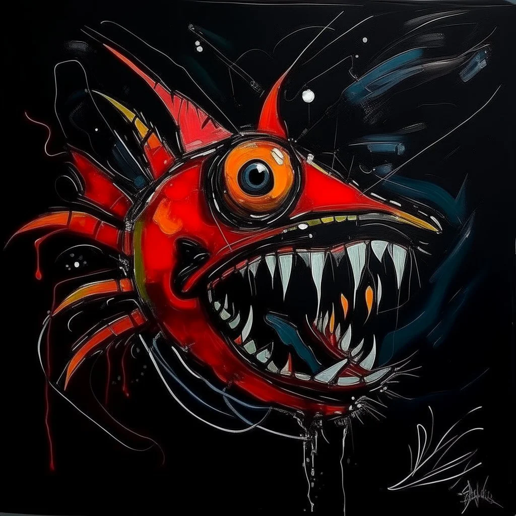 colorful red orange angler fish by Jean-Michel Basquiat, large mouth with many tiny sharp teeth, acrylic painting, black background