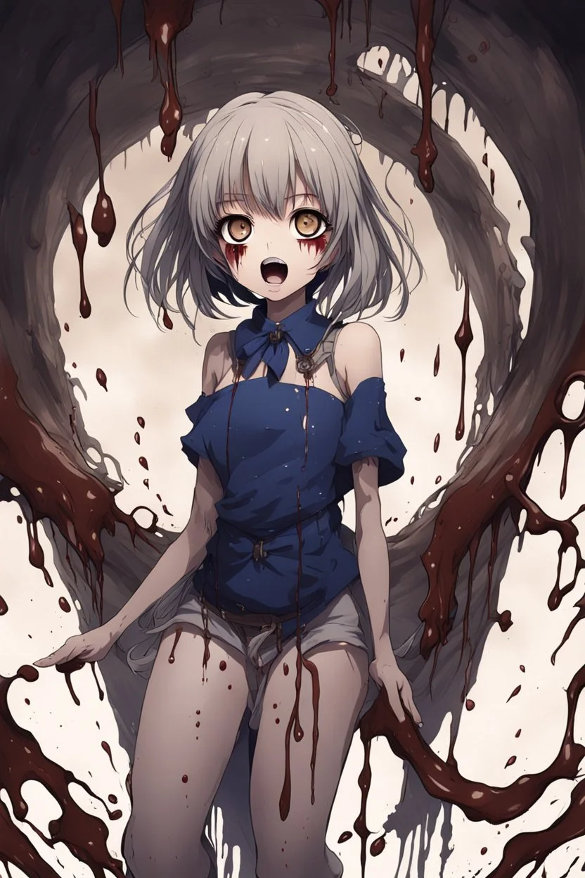 Anime girl with big eyes, darkblue and sepia tones, fullbody, slime, the perspective looking up from the bottom of an empty well, rolling eyes, tongue out, blood drip, open mouth,