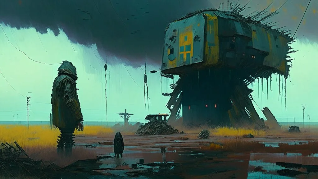 Strange surreal world, techno gothic, post apocalyptic art, neo cyberpunk renaissance, Science fiction painting, Denis Sarazhin Simon Stålenhag, Nicolas Bruno, sinister vibes, harsh survivalism, Peter Sallesen, Hamish Frater, ominous sky