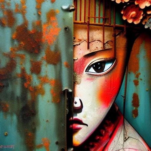 an abstract painting oil in canvas of rusted metal and flowers, Geisha portrait, rust, scaffolding, iron cladding, decay, mixed media, textured, anatomically correct, beautiful perfect face, sharp focus, highly detailed, masterpiece, realistic, intricate detail, sci-fi fantasy style, volumetric lighting, particles, highly detailed ,cinamatic , deep colours, 8k, by Gustav klimt , signed YAK