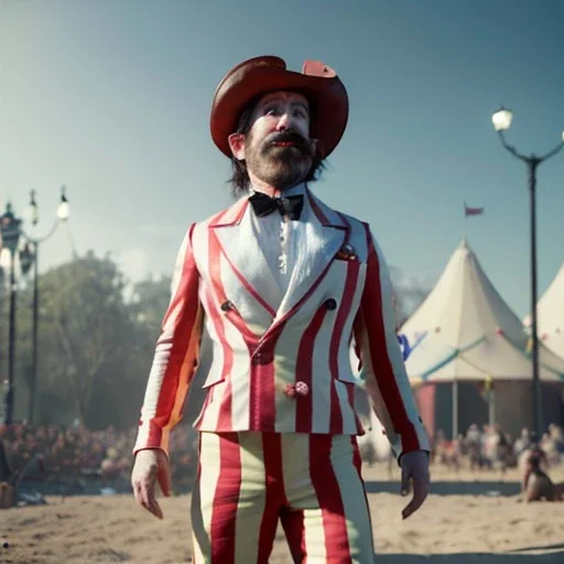 Ultra realistic circus scene. Stronger man, waist up view, Wes Anderson style, dark ambient, highly detailed, concept art, unreal engine 5, god rays, ray tracing, RTX, lumen lighting, ultra detail, volumetric lighting, 3d, finely drawn, high definition, high resolution.