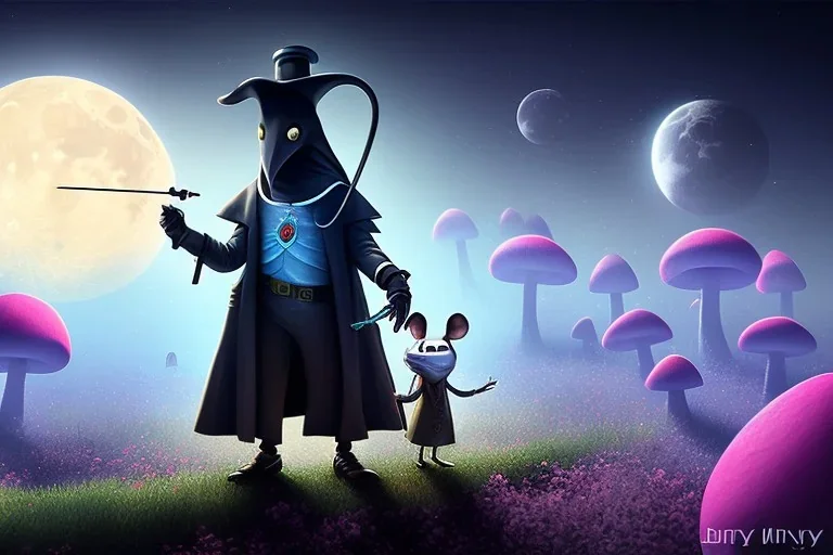 A Plague Doctor and a Mouse expand their minds with psychedelic mushrooms whilst running on the moon, by pixar