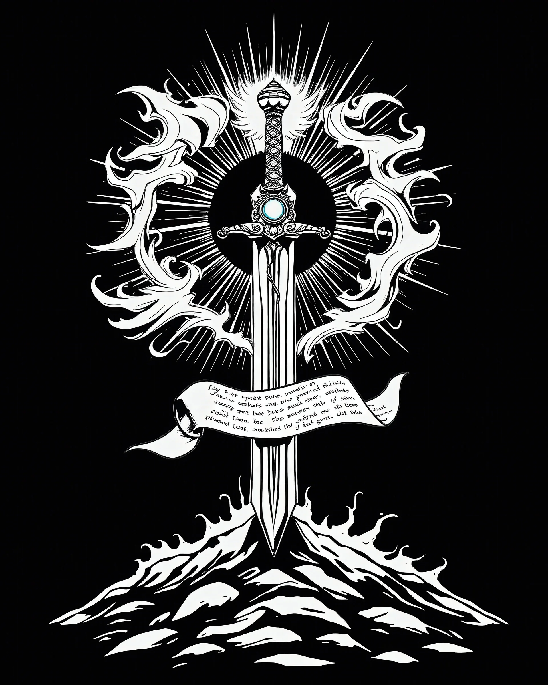 Black and white line drawing- no color A radiant sword planted firmly into the ground, with an aura of light emanating from its blade. The hilt is encrusted with jewels and engraved with the word "Spirit." Around the sword, swirling patterns of wind and fire symbolize the power of the Holy Spirit. A scroll containing scripture flows gracefully around the sword, representing the Word of God.