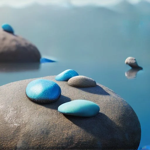 Wonderful pebbles, 30mm photography, 8k, 3d, sharp focus, Yves Tanguy, Max Ernst, Audubon, Amano, cinematic, photorealism, ZBrush, volumetric light, octane render, sparkles, blue eyes, surreal