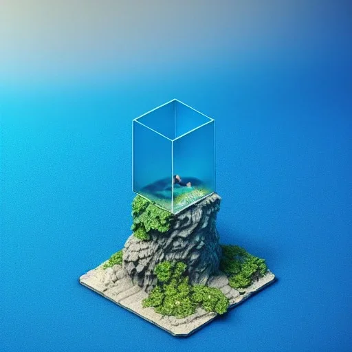 The Isometric Glass Tall Box Mini Model Little Real Island Mixed Water Fall Under Ocean Sunshine Summer Background Blue Sea, The Last Of Us / Avatar, Octane Render / ZBrush, Cinematic, IMAX Film, Nikon D750, 16K, Autostereoscopy, Anthropomorphic, Golden Ratio, Geometry, Symmetric, Depth Of Field, Highly Detailed, Ultra Realistic, Beautiful Lighting, Halfrear Lighting, Soft Light, Candoluminescence, Cast Shadow, Reflective, Glow, Translucent, Normal Map, Carbonated --testp