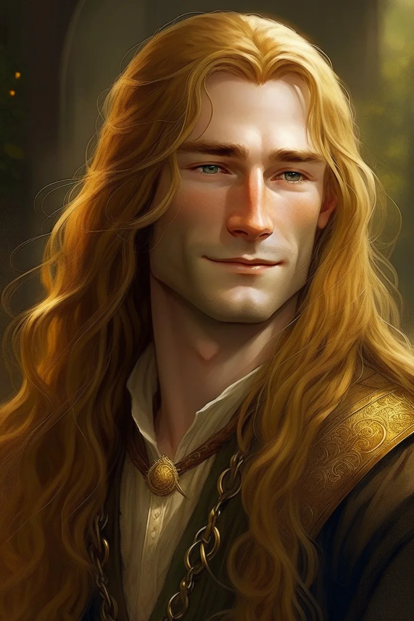 A young serene Lord Of The Rings like man with long golden hair that cascades gracefully. His open eyes, with blind pupils, reflect a depth of wisdom and inner peace. A gentle smile graces his face, adding warmth to his tranquil demeanor.