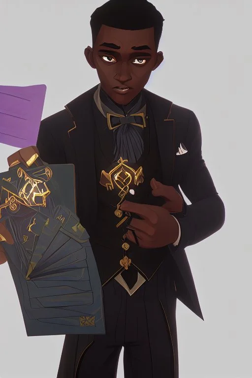 Dashing black man in a suit, holding a deck of cards. There's a young fey dragon with him.