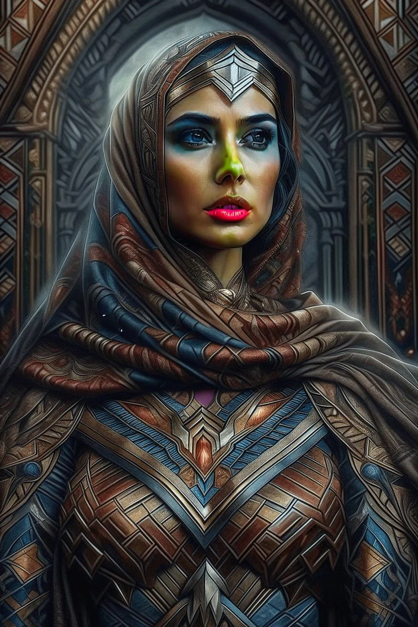 Fhoto full body, reality, Raw, hijaber as wonder woman, digital art, intricate details, captivating, sharp focus, intricate details, highly detailed, by addie_digi