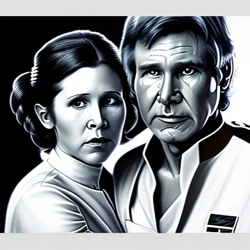 middle-aged carrie fisher embracing harrison ford in star wars, waist up portrait, photorealistic faces, intricate, masterpiece, expert, insanely detailed, 4k resolution, cinematic smooth, intricate detail , soft smooth lighting, soft pastel colors,