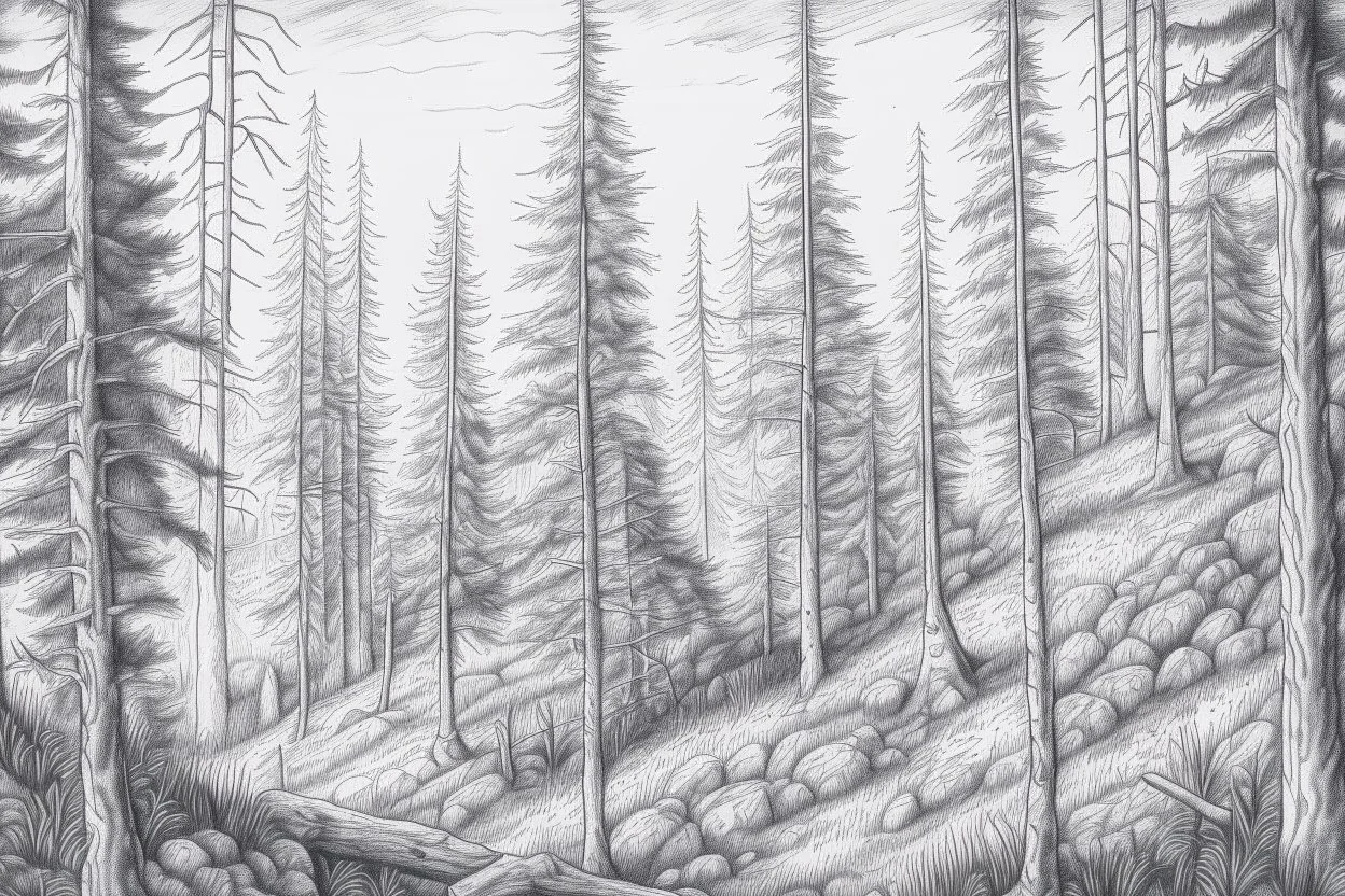 Norwegian forest, woodland- Pencil drawing, illustrative, graphite, crosshatching, blending