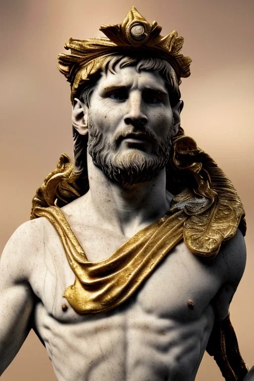 Realistic image, Roman sculpture made in white marble with gold veins, Lionel messi with gold laurel leaves crown, two blue brushes, decorative star on the chest, waist up portrait, marble material, gold ornaments, Baroque style, sun rays background, epic, celestial, cinematic lighting, God lights, 4k resolution, smooth details, soft lighting, unreal engine 5, art station, substance 3d.