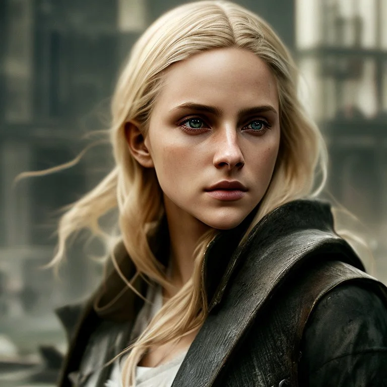 Photorealistic close-up of a beautiful blonde assassin with dystopian clothes and background