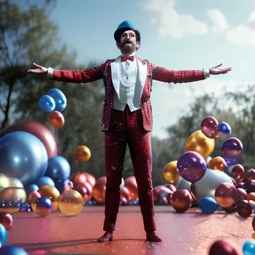 Ultra realistic circus scene. dancer man, waist up view, Wes Anderson style, happy, bubbles, confeti, highly detailed, concept art, unreal engine 5, god rays, ray tracing, RTX, lumen lighting, ultra detail, volumetric lighting, 3d, finely drawn, high definition, high resolution.