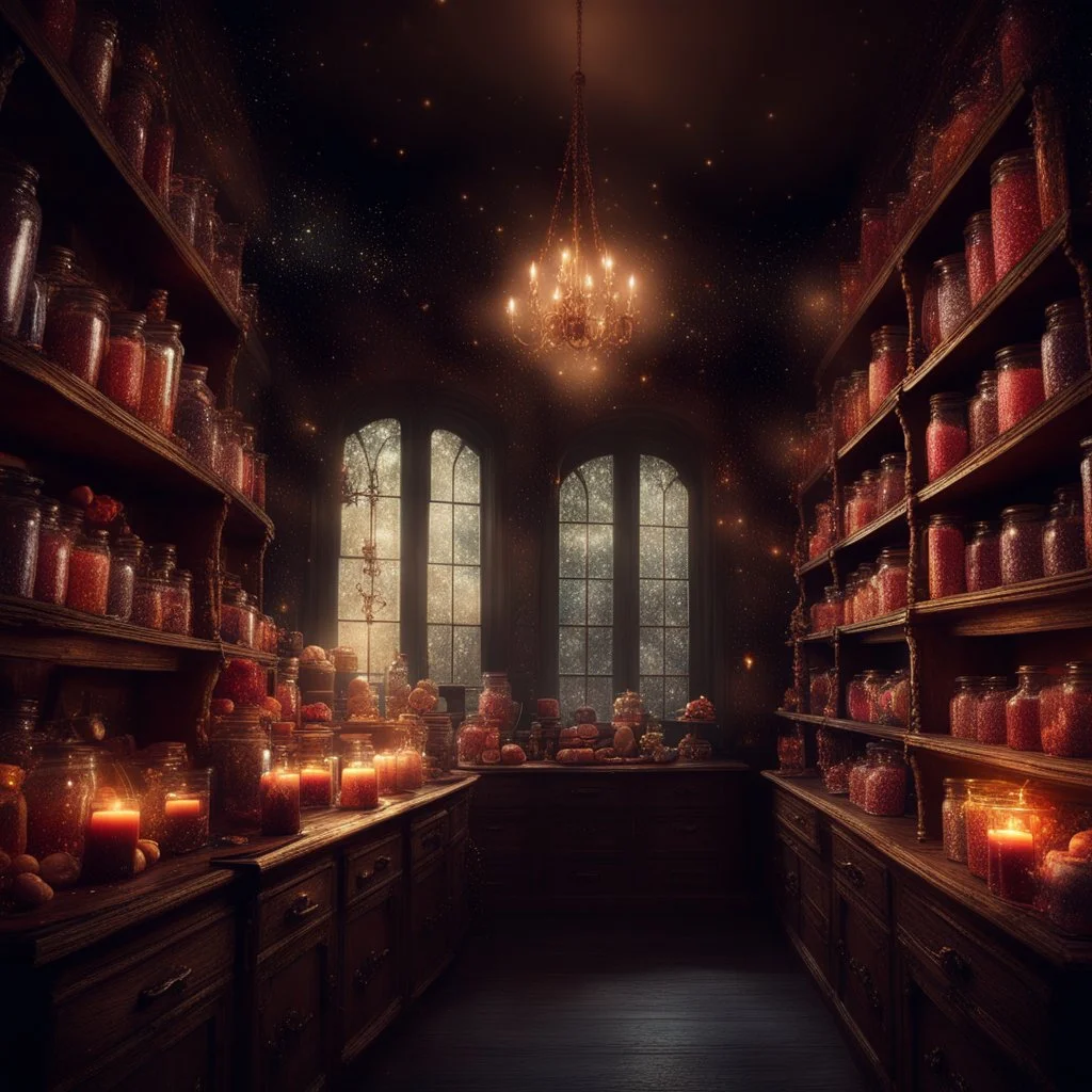 magic shop, magical treats and candy in jars, magical books and wands everywhere very dark room, candle light, bright vibrant colors, glowing sparkle particles, dark tone, sharp focus, high contrast, 8k resolution, incredible depth, shallow depth of field, dramatic lighting, beautifully intricate details, clean environment, epic dynamic scene