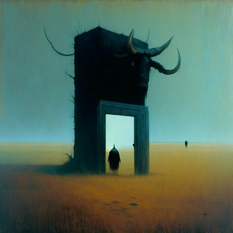 High concept art, horror movie aesthetic, by Zdzislaw Beksinski and Gabriel Pacheco, fine matte oil painting, in an empty field guarding a surreal standalone wooden doorway revealing a portal of brilliant light is a fearsome minitour holding an axe who has a television set on his head broadcasting a picture of a bull head, sinister, concept art, oddball masterpiece, sfumato, complex contrast,