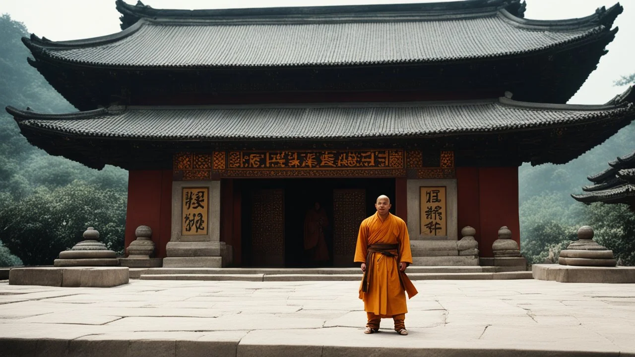 [very impressive high res masterpiece in Kodak Eastman 5247, bokeh scene by Stanley Kubrick] Shaolin gangsta monk waiting outside, in the doorstep of a stone temple