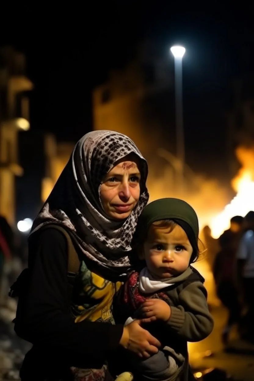 Palestinian girl wears Palestinian keffiyeh Carrying a small child , Destroyed Buildings , with a Explosions, at night