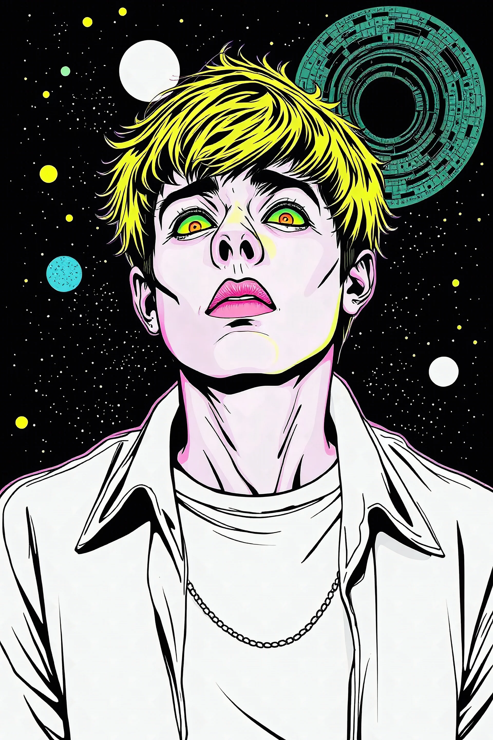 A vibrant illustration of a psychedelic , 𝙘𝙤𝙨𝙢𝙞𝙘 𝙝𝙤𝙧𝙧𝙤𝙧 in a scott pilgrim style, in a white and black background, a with man with short hair