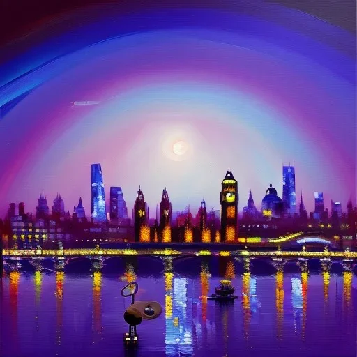 A monkey playing the drums, london skyline at night, oil painting