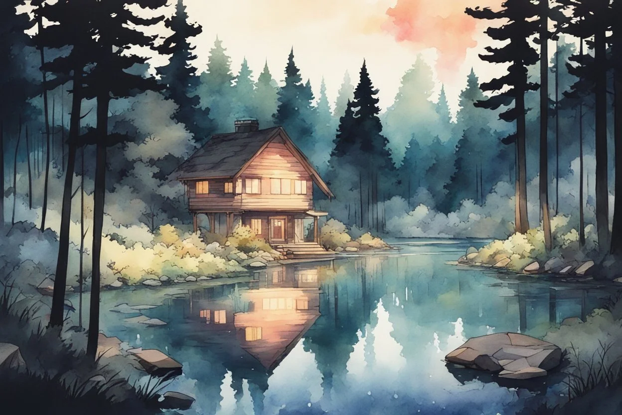 retro anime style, full color, dark serious 1980s anime style, A lake in the forest with a cottage, watercolor, forest,