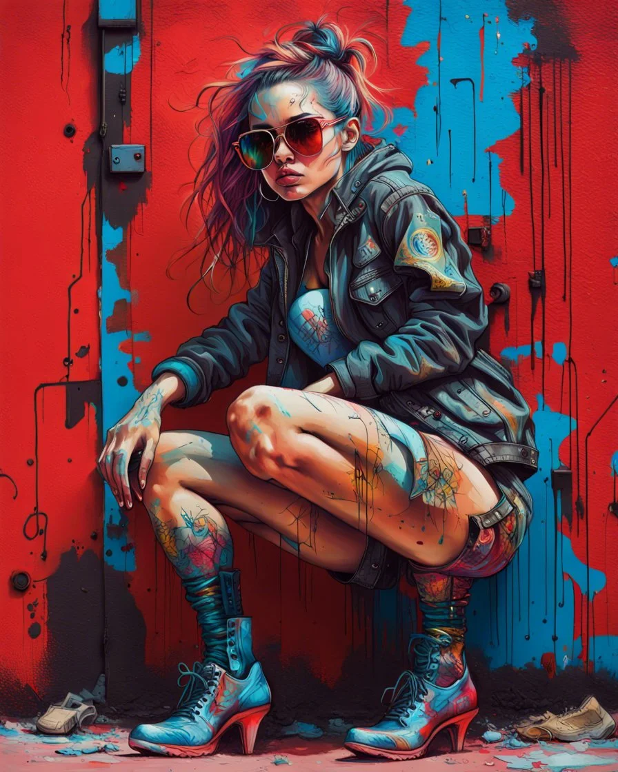 close up, full color painting of squatting cyberpunk girl, sunglasses, high heel shoes, perfect hourglass figure, (((Graffiti art) (by Carne Griffiths))), red wall background, insane details, intricat Modifiers: highly detailed Award winning photography fantasy 8k photorealistic beautiful poster award winning imperial colors fantastic view ultra detailed 4K 3D colourful very cute cinematic postprocessing acrylic art Craig Rutkowski