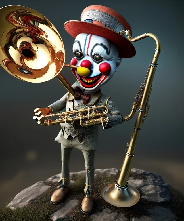 mechanoid clown playing jazz with a steampunk theme, trumpet, realistic