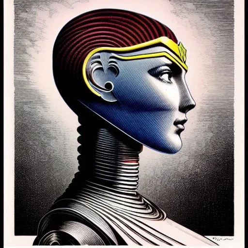 a vibrant ultraclear sideview waist up portrait of the wonder woman robot by rene magritte and laurie greasley, etching by gustave dore, colorful flat surreal, ethereal, intricate, sharp focus, illustration, highly detailed, digital painting, concept art, masterpiece