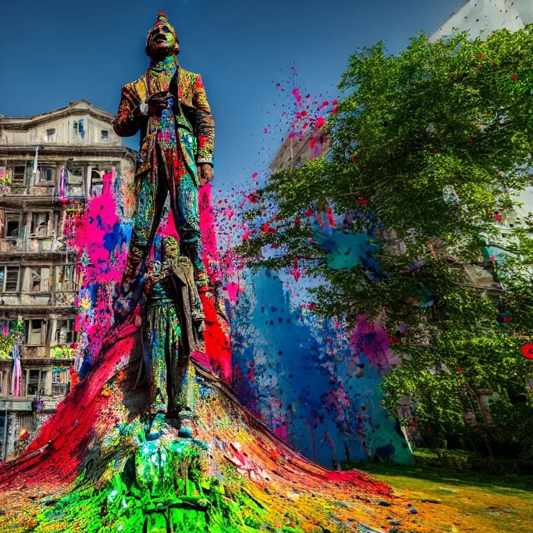 A magnificent statue covered in colourful paint splaters, majestic, highly intricate gigantic derelict statue, Realistic photography, incredibly detailed, ultra high resolution, 8k, complex 3d render, cinema 4d.