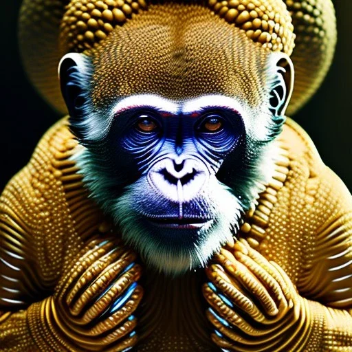 An ultra hd detailed painting of monky chilling out by android jones, earnst haeckel, james jean. behance contest winner, generative art, baroque, intricate patterns, fractalism, movie still, photorealistic