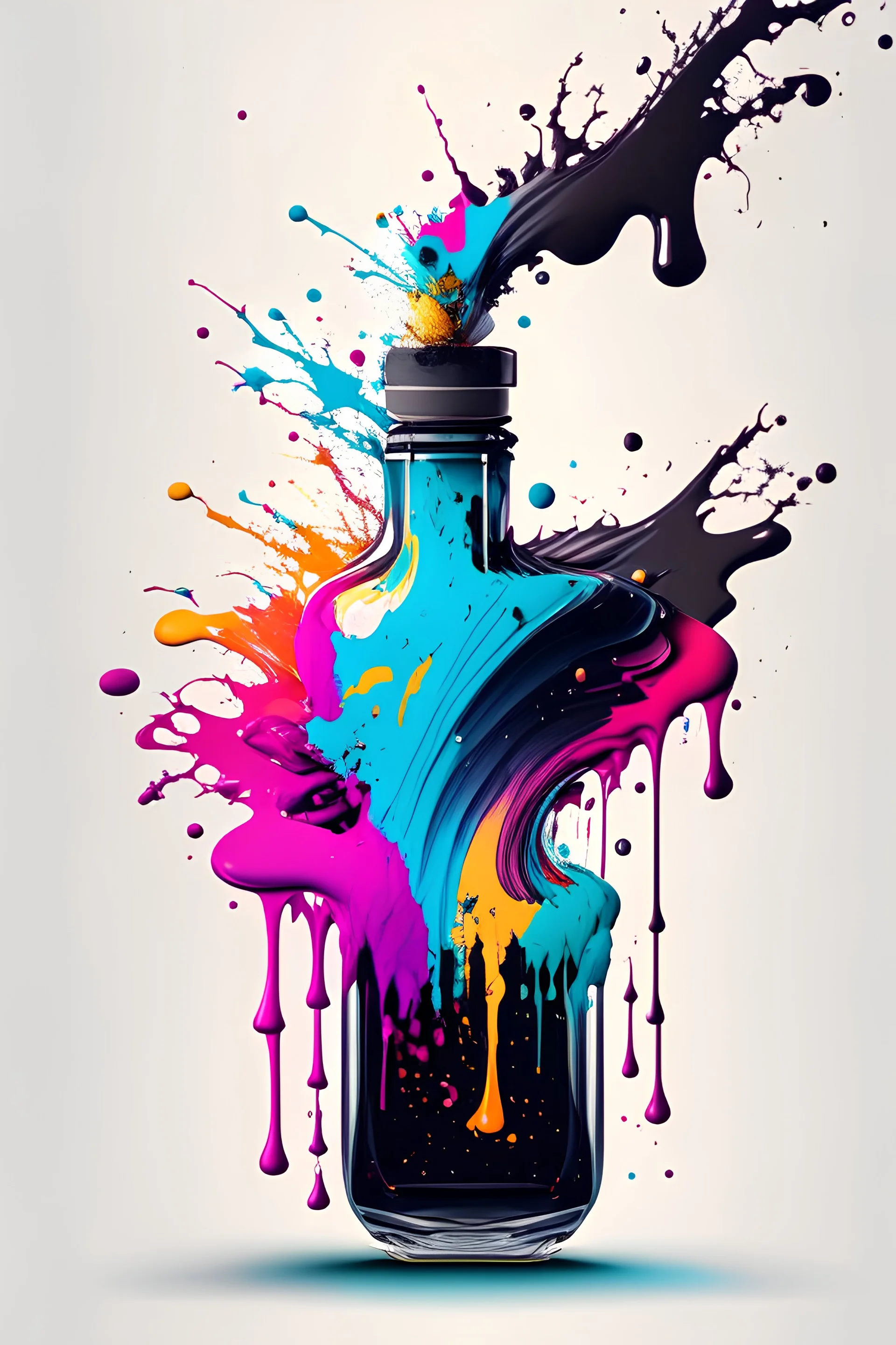 vector art ready to print highly detailed illustration of a ink bottle splashing a colorfull ink, 4k, highly detail, ultra realistic, cinematic lighting, 8k, vivid, colorfull lighting, surreal photography, portrait, make it as a sticker