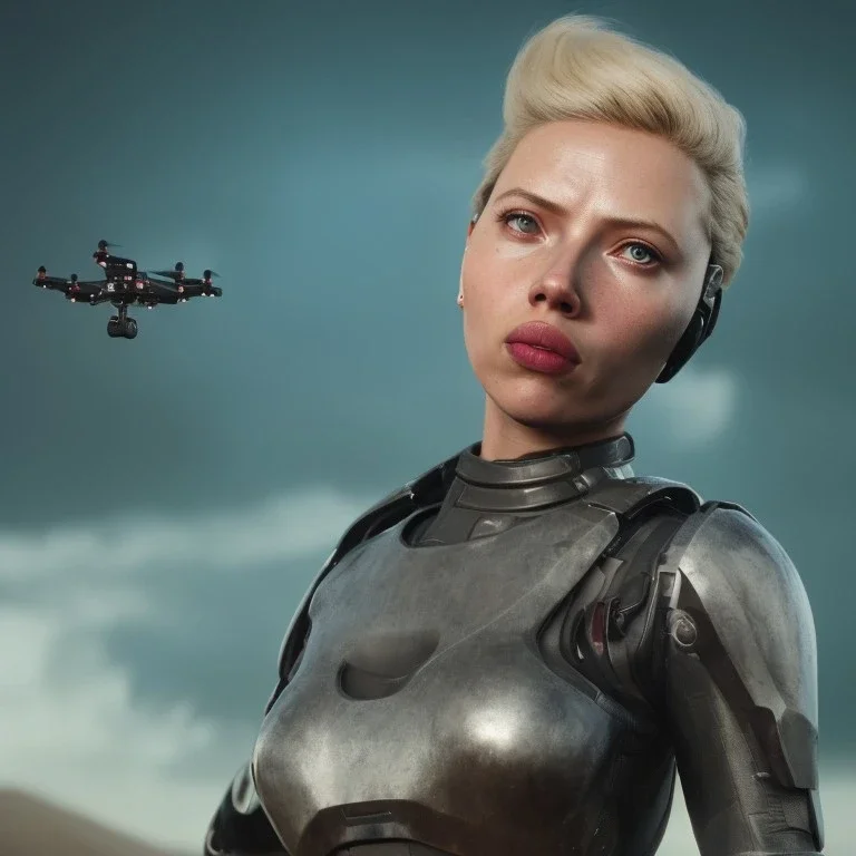 Ultra Realistic retro sci-fi movie war scene, waist up view portrait, blonde woman pointing a gun, sweet scarlet Johansson face, perfect iris, glow eyes, makeup, weapon. Drones background, Retro sci-fi style, helmet, tight latex coat, fog, rain, soft color, highly detailed, unreal engine 5, ray tracing, RTX, lumen lighting, ultra detail, volumetric lighting, 3d, finely drawn, high definition, high resolution.