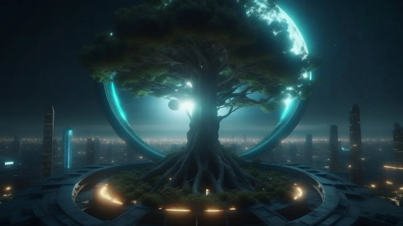 the last tree, city of the future year 4222, portal to space, very realistic, 4K