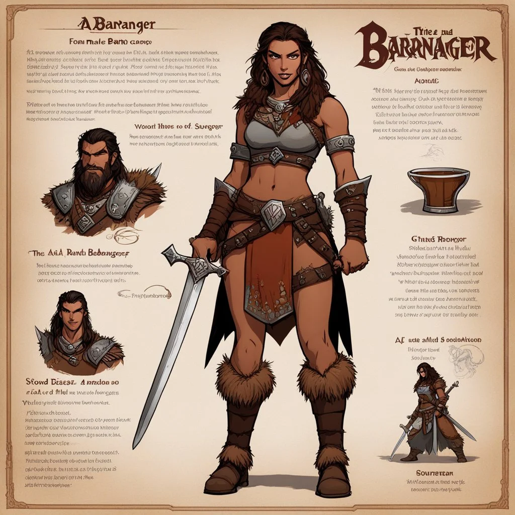 character concept sheet with AD&D statistics and characteristics, [illustration, drawing by Carlos Ezquerra] The female Barbanger is a mix between a barbarian and a range, a thin long sword in one hand and a foaming mug of ale in the other