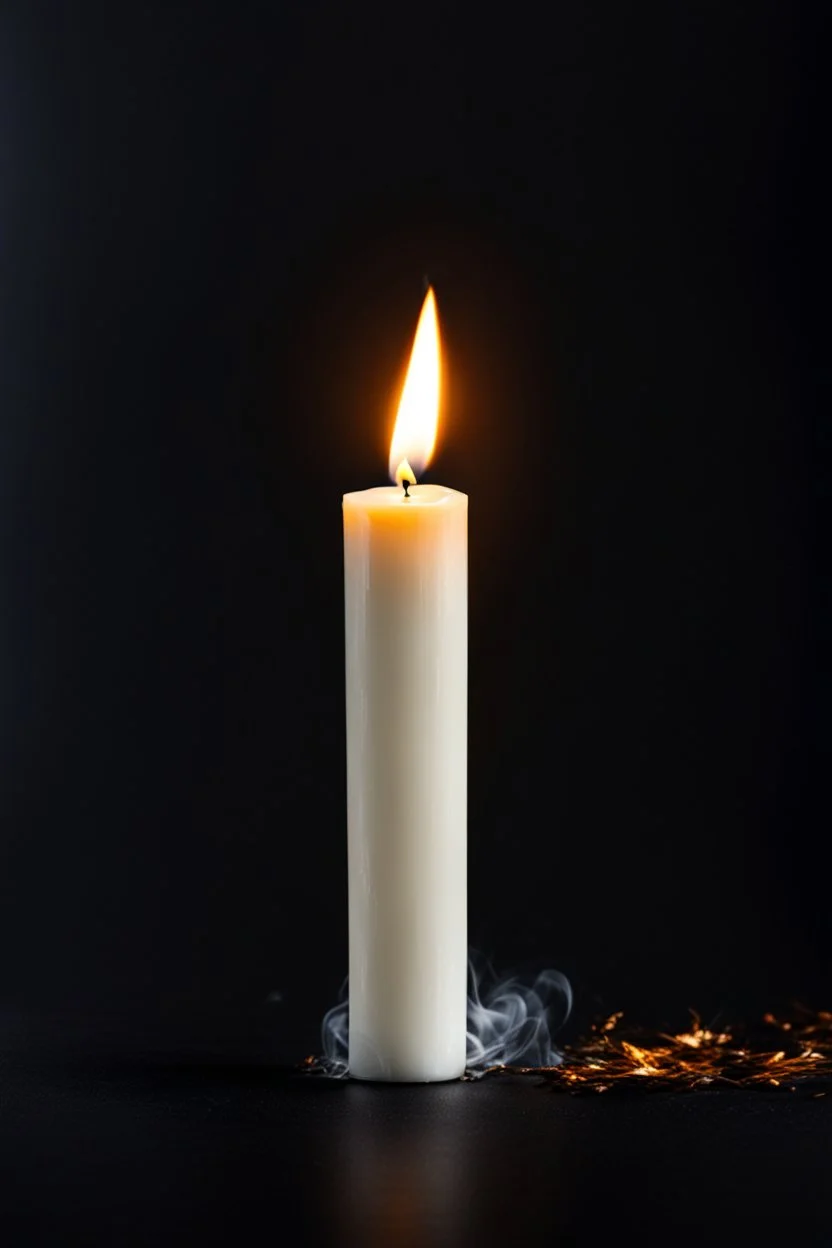 a burning white candle-man standing in front of a black background