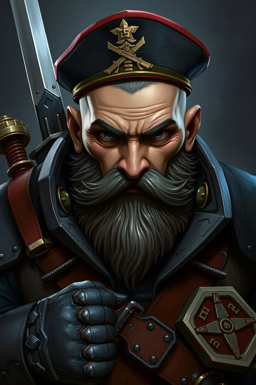 warhammer 40k rogue trader male rugged features bald with grey colored beard blue eyes and a commissar's hat and commissars clothes sword full body grim artstyle