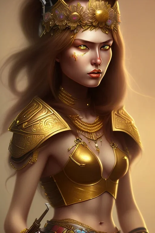 lady warrior with gold short top and flower