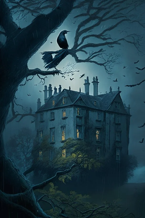 An old English mansion on a hill on a stormy night. A large crow is watching the flickering light from a window. The crow is on a branch in a large, leafy, horse chestnut tree.