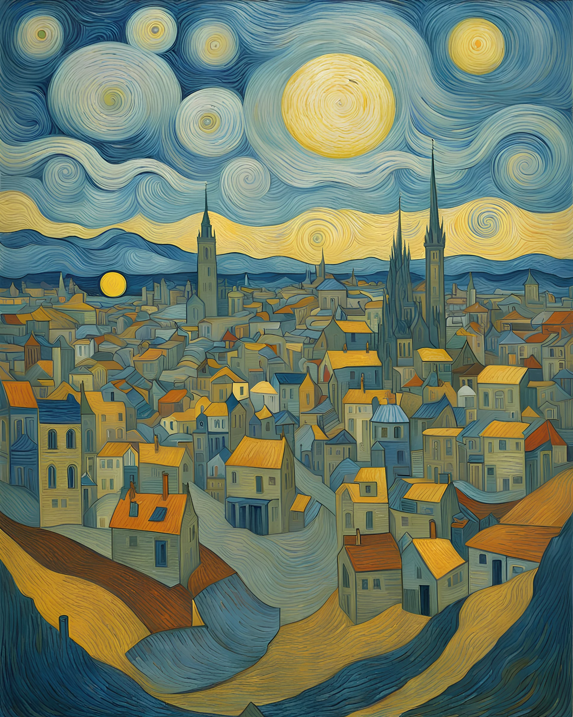 Landschaftsbild von einer Surrealistischen stadt,von van gogh.meisterwerk