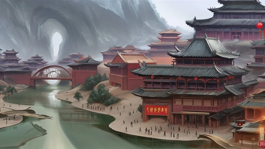 ancient, fantasy, chinese town, dune, crater, sand strom, destroyed chinese houses