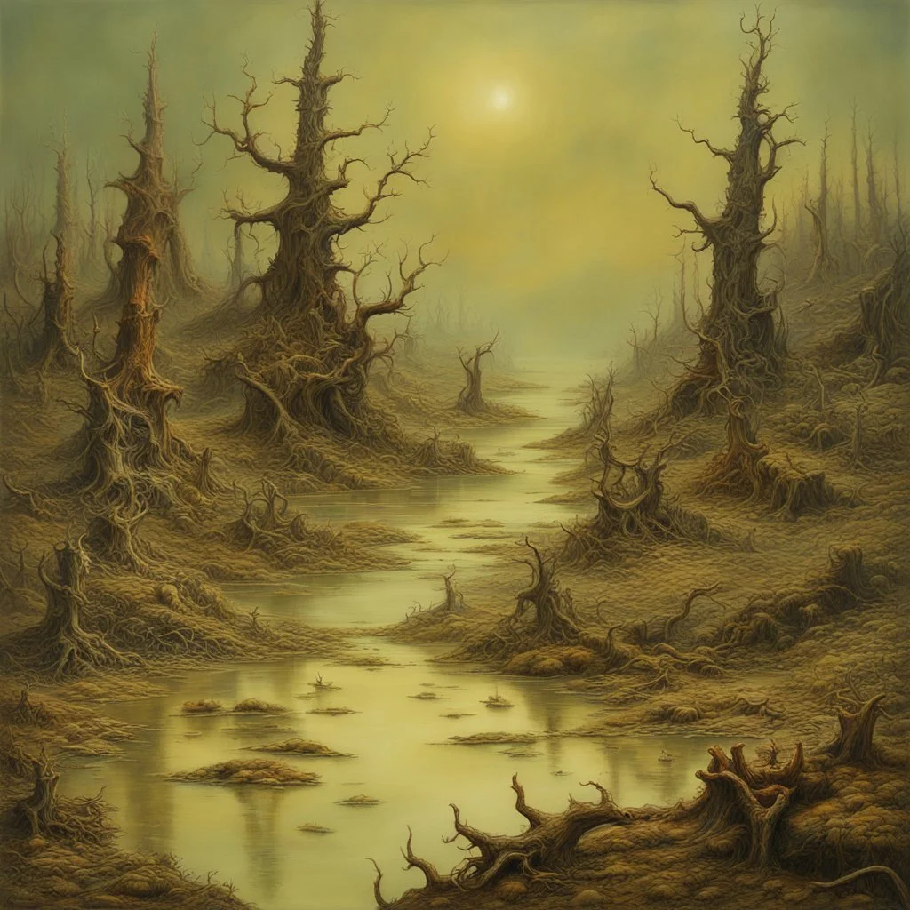 Hyperrealistic creepy landscape, odd, polaroid, Walton Ford, Audubon, Yves Tanguy, Sam Raimi, 3d, sharp focus, noon light, bright colours, high resolution, very detailed, volumetric light, mist, grim, fine art, decaying, textured oil over canvas, very colorful, ornate 35mm, F/2.8, insanely detailed and intricate, character, hypermaximalist, super detailed