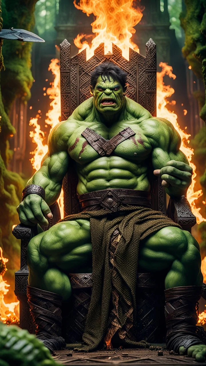 Framed playing card illustration, close-up of Mubarak Saeed Tahir melted old magic flaky slimy alien hulk Avengers Mad Max poses for a photo on the throne, holding a burning scepter, in a massive hulk with stairs and bridges woven into a sacred temple geometric woven fabric in the middle of a lush magical forest, Bokeh like f/0.8, 8K tilt lens, high detail, smooth rendering, downlight, Unreal Engine, award-winning