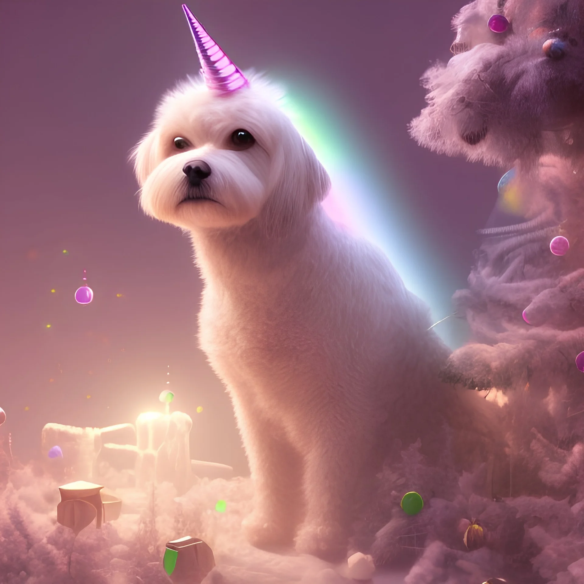 dog, with rainbow pink horn, nail polish, in house, with trees, detailed, RTX, fantasy, 8K