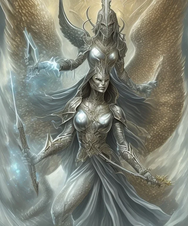 An angel of death, pure white scales cover her form, descended from a dragon, a sorcerer of high power, horns and scales replacing skin, gold scales, avenging angel, to kill or be killed, she will kill you