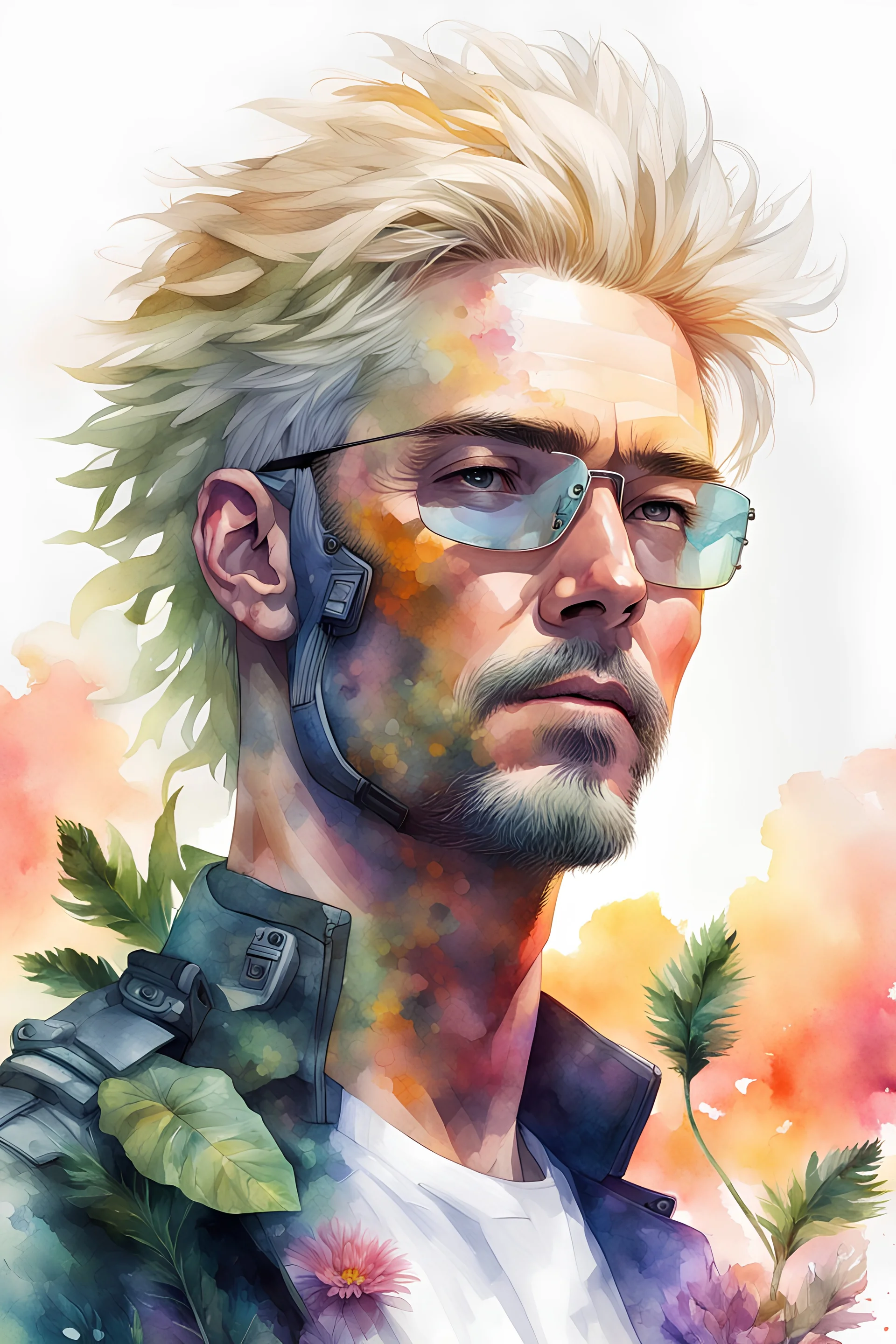 white background, cyberpunk, watercolor, Male 48 years old, blonde, portrait painting, acrylic, summer sunset, plant hair, flower clothes, double exposure, fine rendering, high detail, high resolution, 8K