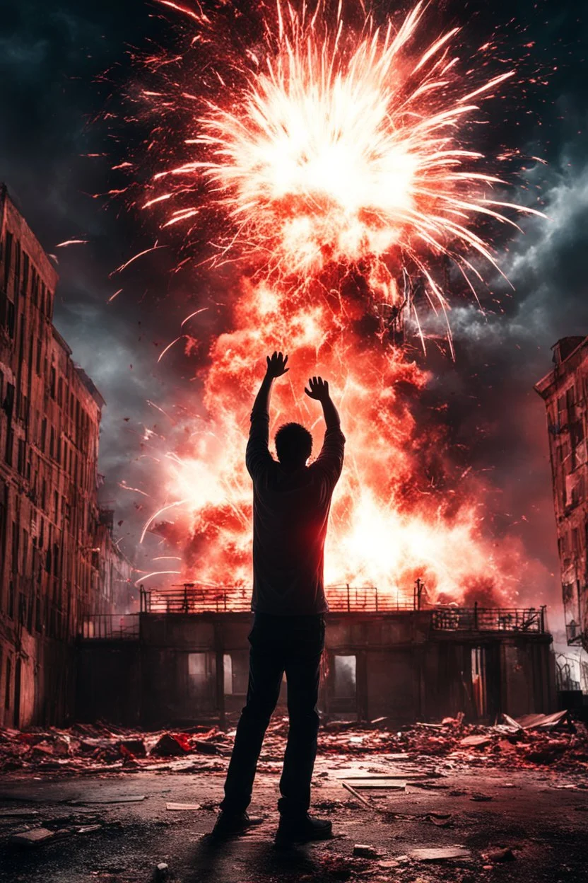 Young man standing, with arms raised, in front of an exploding building at night, with red lightening around him