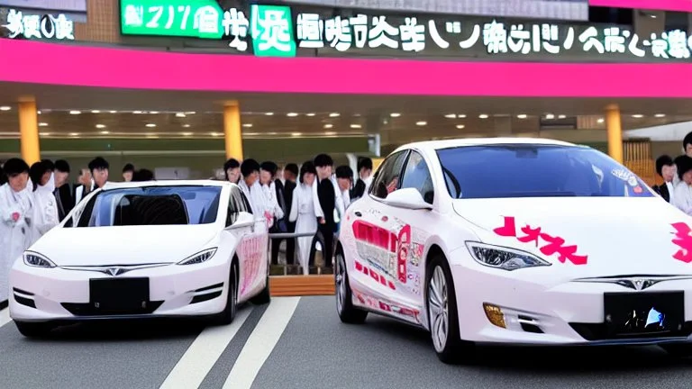 A Tesla's 'Model S Plaid' is racing at top speed, across the 'Nagashima Spa Land', in Kuwana, in Japan. CINEMATIC. WIDE ANGLE LENS.