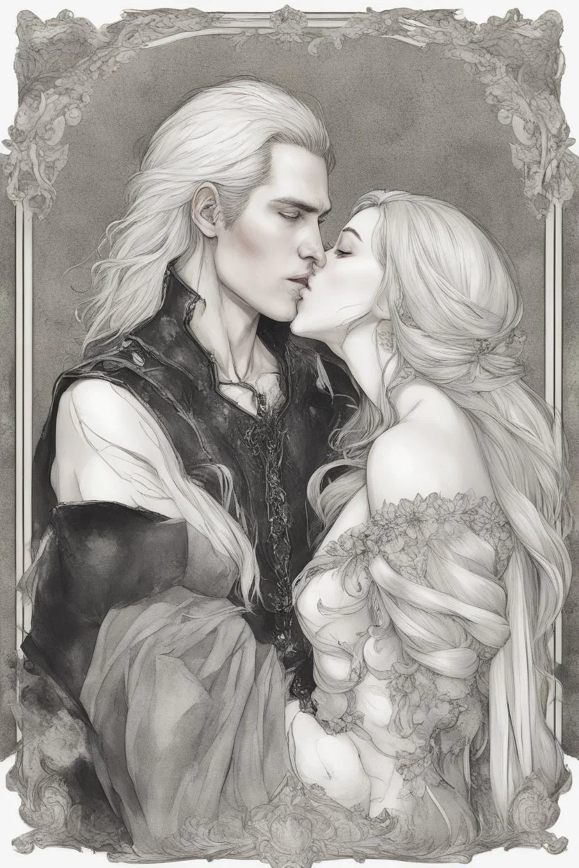 Strahd Von Zarovich, long black hair, being kissed on the mouth by a beautiful woman with white hair, wearing an off the shoulder dress. Settling and background are a lavish toomb with an ebony coffin.