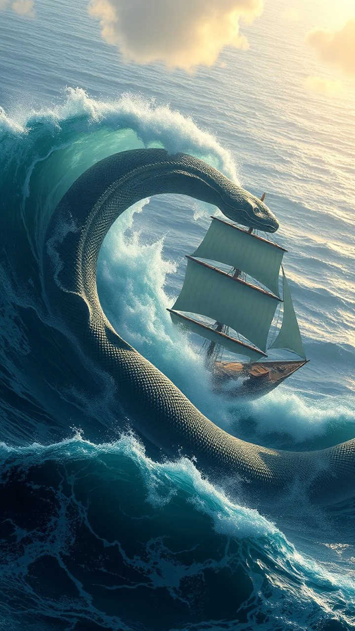 A giant Anaconda attacking a bigger than a sailing ship in the ocean among the wave